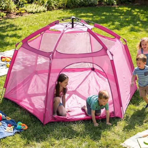 Alvantor® Pop Up Playpen- 7'x7'x44”Baby Playpen Large Kids Play Tent Portable and Foldable Playpen Indoor/Outdoor Play Yard with Protective Mesh, UV SPF 50+ Sunshade, and Soft Foam Floor, Pink - color: Pink, style: Standard