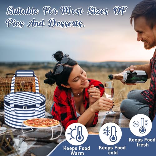 Pickmesh Round Pie Carrier 12 x 7 Inch Insulated Casserole Carriers with Lid and Detachable Handle for Hot or Cold Food Cake Transport Thanksgiving Christmas Gift (Blue White Stripes) - color: Blue White Stripes