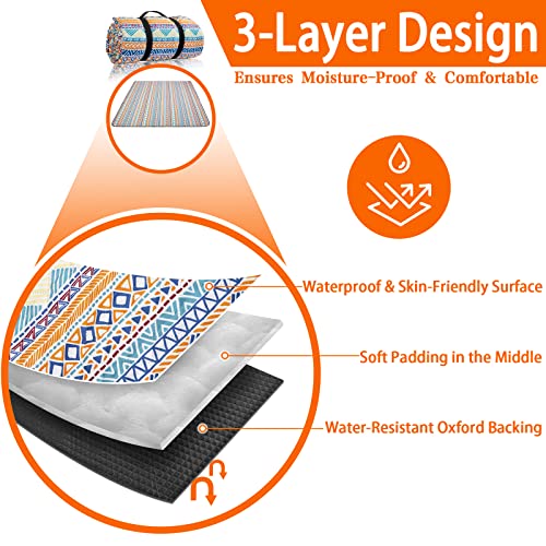 PY SUPER MODE Picnic Blankets Extra Large, Waterproof Foldable Outdoor Beach Blanket Oversized 83x79” Sandproof, 3-Layer Picnic Mat for Camping, Hiking, Travel, Park, Concerts(Orange Boho) - color: Orange Boho