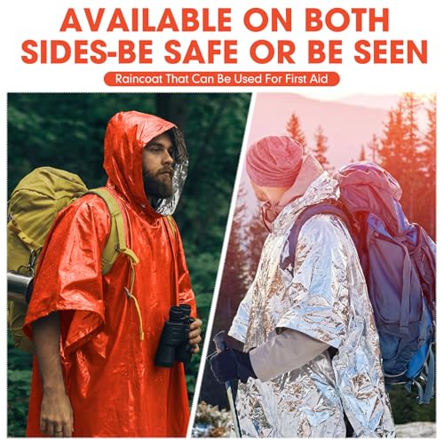 Tellegloww Emergency Ponchos with Polyester Film Blanket Liner Waterproof Windproof Thermal Survival Blanket Rain Ponchos - color: Orange