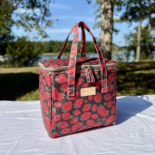 Kwang Min Floral Insulated Lunch Bag for Women,Reusable Lunch Box,Large Cooler for Office,Picnic Outdoors,Premium Quality Waterproof Fabric,Ideal Gift for Outdoors and Work (Chocolate Strawberry) - color: Chocolate Strawberry