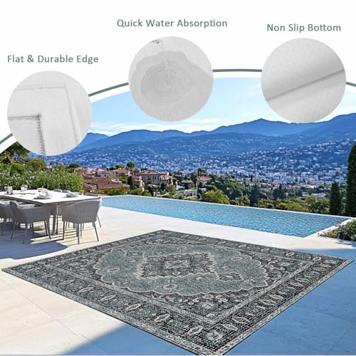 Outdoor Rug 6x9ft, Boho Traditional Flower Indoor Area Rug for Patio Backyard Deck Large Floor Mat, Retro Tribal Ethnic Abstract Style Non-Slip Outside Carpet Balcony Porch Camping Rugs Picnic Mat - color: Cadetblue, size: 6' x 9' (Rectangular)