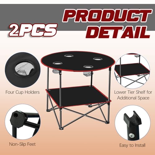 Soaoo 2 Pcs Folding Camping Table with 4 Mesh Cupholders 2 Tier Portable Folding Table Round Lightweight Fabric Compact Carrying Case Beach Table for Summer Outdoor Tailgating Fishing Hiking - color: Black
