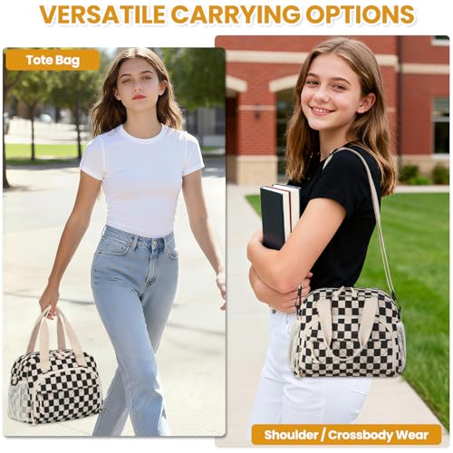 ELONGRIVER Corduroy Insulated Lunch Bag for Women Teen Girls, Portable Adult Lunch Box, Reusable Tote Cooler Bags, Lightweight Womens Lunch Bags with Front Pockets Work Picnic Travel, Black Checkered - color: Black Checkered