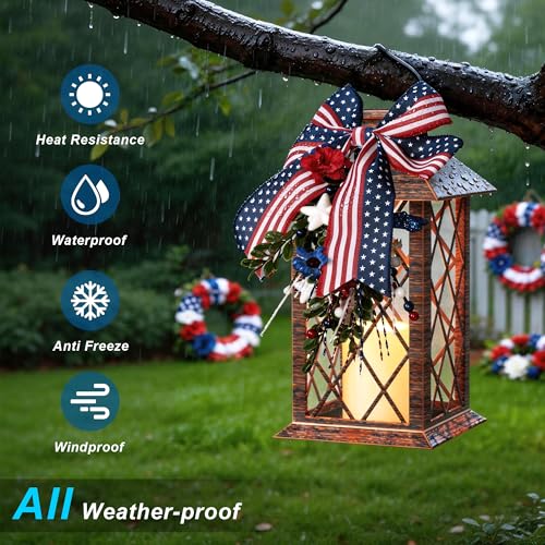 4th of July Solar Lanterns Outdoor Waterproof, Patriotic Hanging Lantern with Flickering LED Candle, 13" Independence Day Lanterns Decorations for Patio Porch Garden Yard Pathway, 1 Pack - size: Patriotic 1 Pack