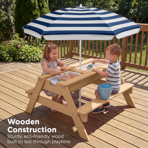 Best Choice Products Kids Picnic Table with Umbrella, 3-in-1 Sand & Water Table, Outdoor Convertible Picnic Table for Toddlers, Seats 4, Removable Top, 2 Buckets - Navy - color: Navy