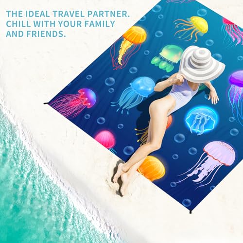 Beach Blanket Waterproof Sandproof 78''×81'' Large Suits 1-5 Adults Oversized Lightweight Picnic Mat Sand-Free Blanket for Camping Hiking Beach Travel - color: Jellyfish, size: 78''x81''