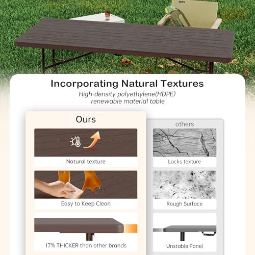 VSOAEIL Set of 2 6 Foot Folding Table for Indoor Outdoor, Portable Heavy Duty Fold-in-Half Utility Plastic Foldable Dining Table with Carrying Handle for Picnic, Camping and Party, 2 Pack Brown - color: Brown, size: 6 FT - 2 PACK