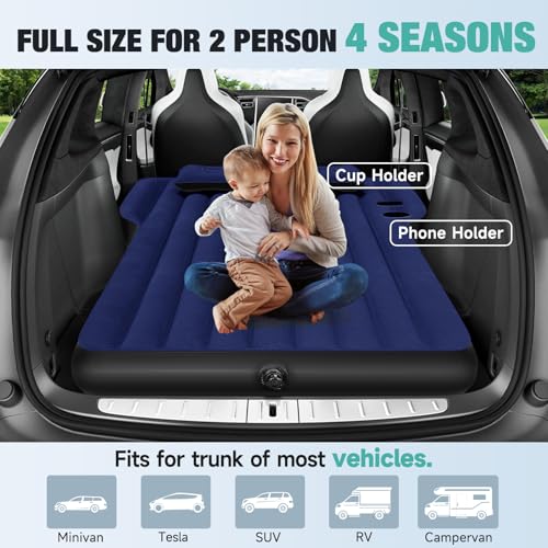 SUV Air Mattress: Inflatable Car Air Mattress for Camping, Portable Car Bed with Air Pump & 2 Pillows, Flocking Sleeping Pad Mattress for Home Car Travel Camping, Navy - color: Navy, size: Model Y Mattress