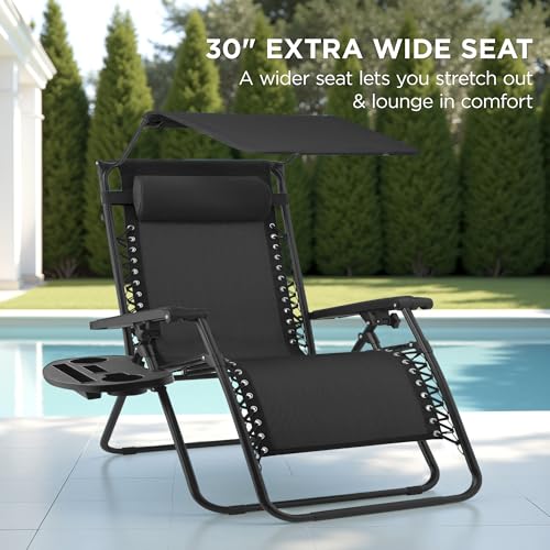 Best Choice Products 30” Wide Folding Zero Gravity Outdoor Recliner Patio Lounge Chair w/Adjustable Canopy Shade, Headrest, Side Accessory Tray - Black - color: Black, size: Oversized Extra Wide