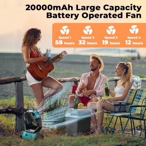 Camping Fan - 20000mAh Battery Powered Fan Rechargeable with LED Lantern - Portable Outdoor Tent Fans with Hanging Hook 4 Speeds Wind Remote Control, Blue - color: Blue
