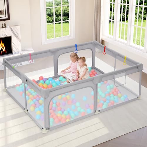 Dripex Large Baby Playpen 71"x47", Big Play Pens for Babies and Toddlers- Indoor & Outdoor Kids Safe Play Area, Soft Breathable Visible Mesh, Anti-Fall & Anti-Slip Design Baby Fence, Grey - color: Grey, size: 71"×47"