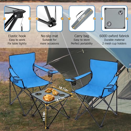 HaSteeL Folding Camping Chair Set of 3, Foldable Blue Camp Chairs & Grey Table, Large Lawn Chair Portable for Adults Hiking, Fishing, Picnic, Outdoor BBQ, Travel, Sports, Cup Holders & Storage Bags - color: Blue Chairs