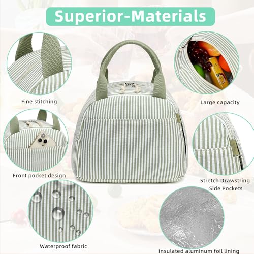 LEDAOU Lunch Box for Women Insulated Lunch Bag Lunch Tote Bags Leakproof Cooler Lunch Case for Travel Work Picnic - color: Green White Stripe