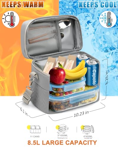 Capolo Lunch Box for Women Men Adults,Insulated Lunch Bag Leakproof Lunch Cooler Box with Removable Strap Cute Lunch Tote Bags Reusable Thermal Lunchbox for Work Picnic(Small,Grey) - color: Gray, size: Small