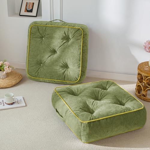 HIGOGOGO 6" Extra Thick Floor Pillow Cushion for Adults, Meditation Cushion Pillow with Handle, Lustrous Chenille Tufted, Square Floor Sitting for Tatami Living Room or Yoga, 22x22 Inch, 2Pack, Green - color: Square Green, size: 6" Thick(pack of 2)