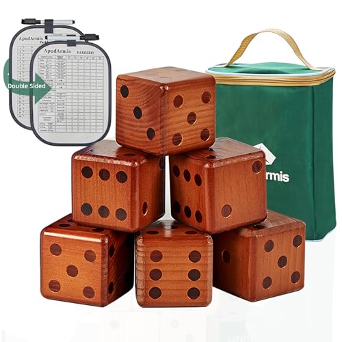 ApudArmis Classic Mahogany Giant Wooden Yard Dice Set, 3.5In Big Die Lawn Game Set with Scoreboard & Carrying Bag - Large Pine Wooden 6 Dice Backyard Game for Adults Family - color: Classic Mahogany