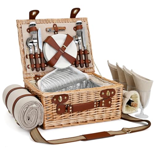 Picnic Basket with Blanket and Wine Pouch for 4, Wicker Picnic Set with Insulated Liner Cooler Bag Hamper for Camping,Wedding - Natural - color: Natural With Blanket for 4