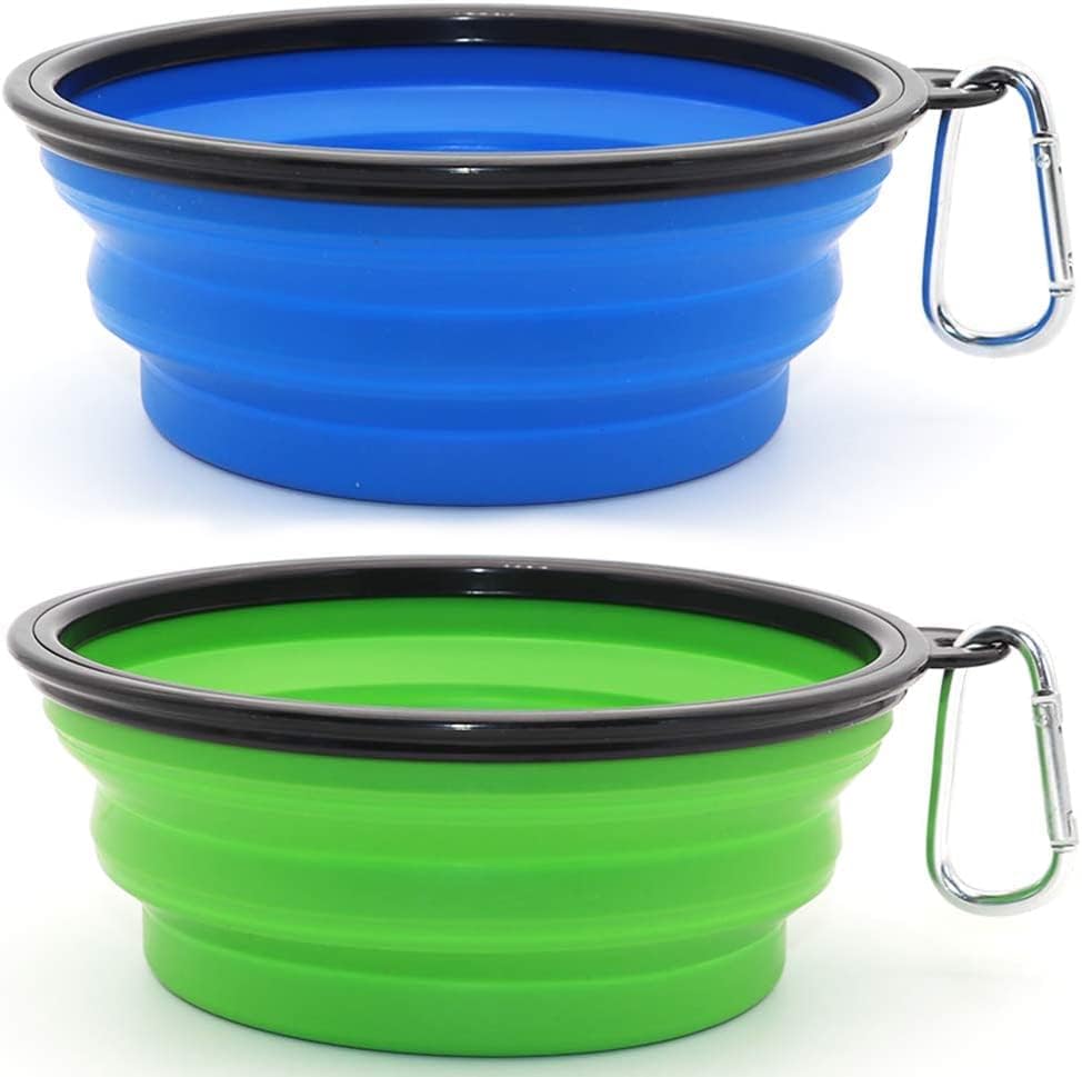 Large Dog Bowl Pet Collapsible Bowls, 2 Pack Collapsible Dog Water Bowls for Cats Dogs, Portable Pet Feeding Watering Dish for Walking Parking Traveling with 2 Carabiners (Large, Blue+Green) - color: Blue+Green, size: Large