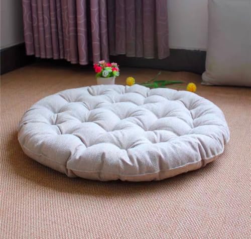 Large Linen Floor Cushions,Round Futon Pillows Japanese Style Tufted Floor Pillows Meditation Cushions for Seating On Pad for Yoga Sofa Balcony(Size:26x26inch,Color:Beige) - color: Beige, size: 65x65cm(26x26inch)