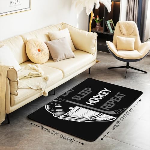 Hockey Area Rug 3x5 for Kids Boys Teens,Black Grey Eat Sleep Hockey Indoor Floor Mat Non Slip,Ice Hockey Player Carpet Bedroom Decor,Graffiti Winter Sports Game Area Runner Rug - color: Color 20, size: 4'11" x 3'3" (Rectangular)