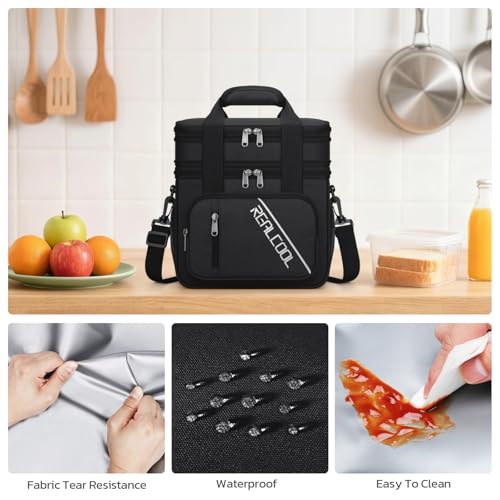RealCool Lunch Bag, Insulated Lunch Box for Men Women, Double Deck Leakproof Soft Cooler Bag with Adjustable Strap, Reusable Lunchbox for Work, Travel, Camping (Black) - color: Black