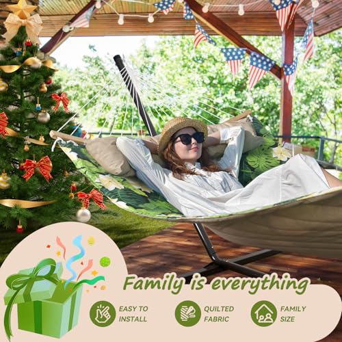 Double Hammock, 11 FT Quilted Fabric 2 Person Hammock for Outside with Pillow, Folding Curved Spreader Bar, Chains, Carrying Bag, Indoor Outdoor, 450 IB Capacity, GreenLeaves - color: Greenleaves