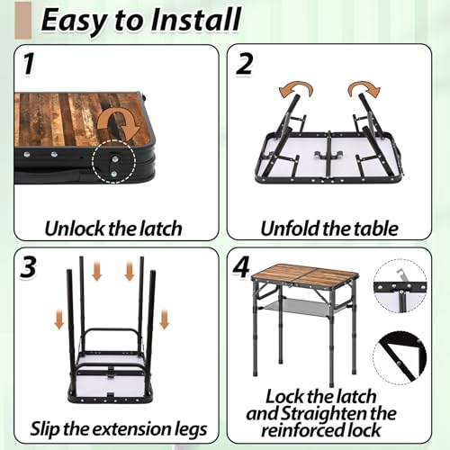 YihuiKo Folding Picnic Table with Storage Net, 3 Adjustable Heights Aluminum Small Folding Table, Lightweight, Portable Carrying Handle, for Camping Travel Outdoor - size: 24"L x 16"W x 27"H Plank-style Wood Grain