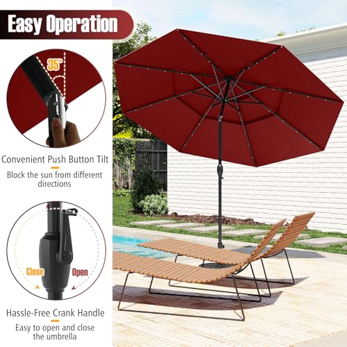 Tangkula 10 FT Solar LED Patio Umbrella, 3-Tier Vented Outdoor Market Table Umbrella with 32 LED Lights, Tilt Adjustment, Crank Handle, 8 Ribs for Backyard Pool Deck (Wine) - color: Wine