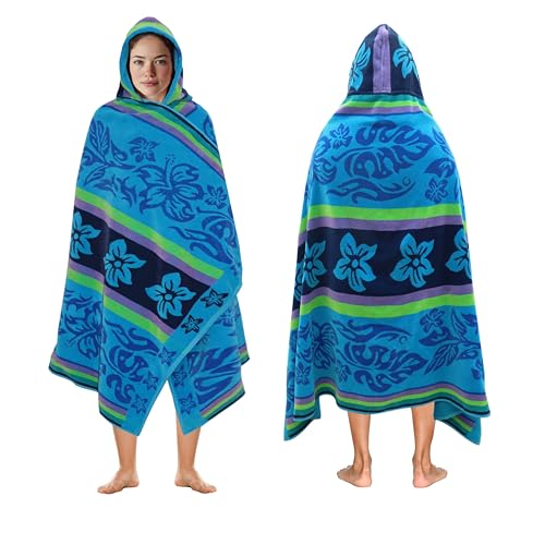 COTTON CRAFT Hooded Beach Towel for Adults – Oversized 39x68 Towel with Hood - 100% Cotton Velour Terry Jacquard Pool Bath Wrap - 450 GSM Soft Absorbent Quick Dry – Tropical Hibiscus Aqua Blue Purple - color: Hibiscus - Aqua Blue Purple, size: 1 Pack - 39