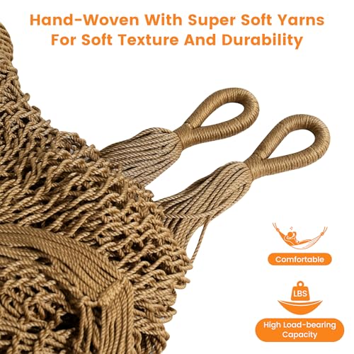 Lazy Daze Hammocks Handwoven Mayan Hammock with Heavy Duty Steel Stand, 10.5 FT Soft Rope Double Hammock for Patio Outside, 550 lbs Weight Capacity, Tan - color: Tan