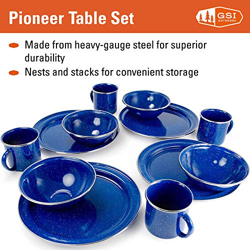 GSI Outdoors Pioneer Enamel 12 Pieces (4-Person) Dish Set I Enamelware Dishes Including Plates, Bowls and Mugs for Camping, Outdoors, RV, Camp, Blue - color: Blue