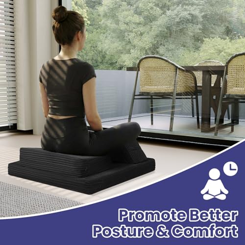 Meditation Cushion Set, Meditation Pillow for Sitting on Floor, Large Yoga Pillow with Knee Support, Washable Zafu Meditation Mat, 3 Shapes Floor Pillow for Adults, Black - color: Black