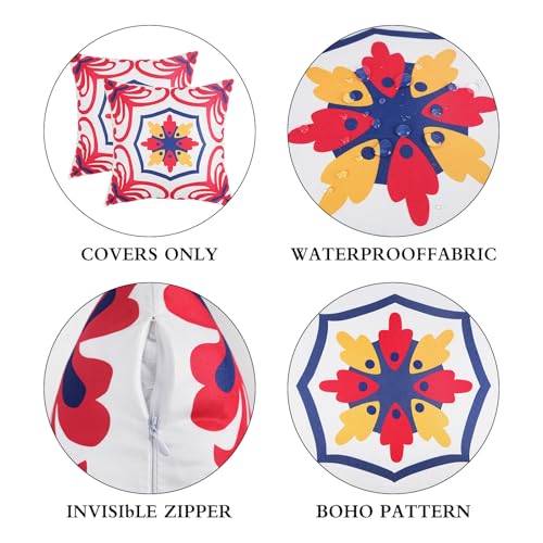 Pyonic 4th of July Outdoor Pillows Waterproof Throw Pillow Covers Set of 4 Red Blue White Floral Printed Patriotic Outdoor Pillow Covers for Patio Funiture Garden 18x18 Inch-Double Side - color: Red Blue, size: 18" x 18" (Pack of 4)