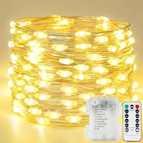 120LED 40FT Fairy Lights Battery Operated with Remote, 1 Pack Twinkle Lights Waterproof for Outdoor & Indoor, 8 Modes String Light Timer for Christmas Party Wedding Birthday Home DIY Décor(Warm White) - color: Warm White, size: 1 Pack 120led