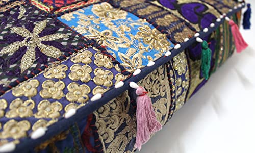 Mam Treasures Indian Bohemian Decorative Pillow Vintage Cushion Cover Patchwork Square Floor Pillow Cover Meditation Cushion Large Floor Pillow Indian Cushion (Dark Blue, 16 X 16 X 5 Inch) - color: Dark Blue, size: 16" x 16" (Pack of 1)