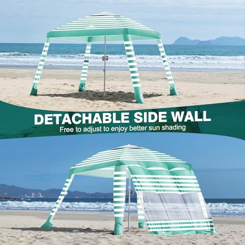 Rhino Valley Beach Cabana, 8 * 8FT Beach Tent UPF50+ Protection, Easy Setup Beach Canopy Wind Resistant with Cup Holder, Compact Beach Shade Foldable Beach Tent Sun Shelter, Green White - color: Green White
