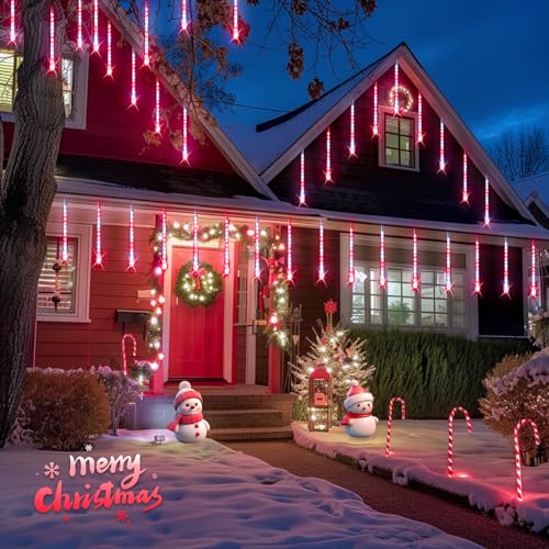 JMEXSUSS Red and White Solar Meteor Shower Rain Lights, 8 Tube 144 LED Solar Christmas Lights for Party Holiday Yard Patio Decorations - color: Red&White, size: 1*144LED