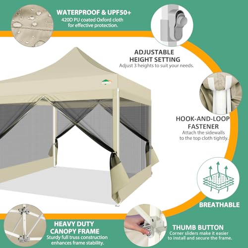 COBIZI 10x10 Canopy Tent with 4 Sidewalls,Heavy Duty Pop up Canopy with Mosquito Netting,Easy up Screen Tent for Parties Wedding Outdoor Camping with Handbag,Khaki - color: Khaki, size: 10x10FT(Standard)
