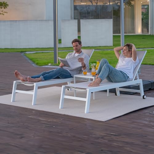 PURPLE LEAF Patio Lounge Chair 2 Pieces White Aluminum Outdoor Chaise Lounge for Pool Backyard Beach with Wheels and Table, Linen - color: Linen, style: Standard Inclining-leg