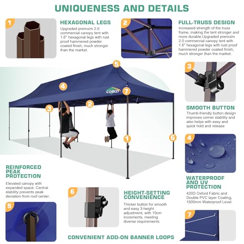 COBIZI 10x30 Pop Up Canopy Tent Heavy Duty with 8 Removable Sidewalls, Commercial Portable Tents for Parties Ez Up Canopy All-Weather Windproof & Waterproof and UPF 80+ Wedding Tent Sun Shelter - color: Deep Blue, size: 10x30FT