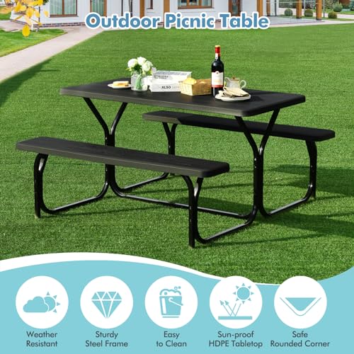 MEDIMALL Picnic Table, Portable Picnic Tables with Benches, Plastics Picnic Table Bench Set with Metal Frame & All Weather Tabletop, Large Camping Picnic Table for Outdoors, Backyard, Garden (Black) - color: Black