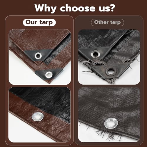 10x10 FT Tarp Waterproof, 16 Mil Tarps Heavy Duty Waterproof Multipurpose Protective Cover UV Resistant Rip & Tear Resistant with Grommets Reversible for Home Boats Cars Camping - color: Brown/Black, size: 10x10