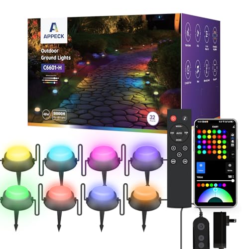 APPECK Outdoor Ground Lights 32 Pack, 100FT RGBW Color Changing Pathway Lights Wired, 2200K Warm White Smart Landscape Lighting, for Garden Yard Lawn Path Holiday Party Decor, with App/Voice Control - size: 32 Pack, 100ft