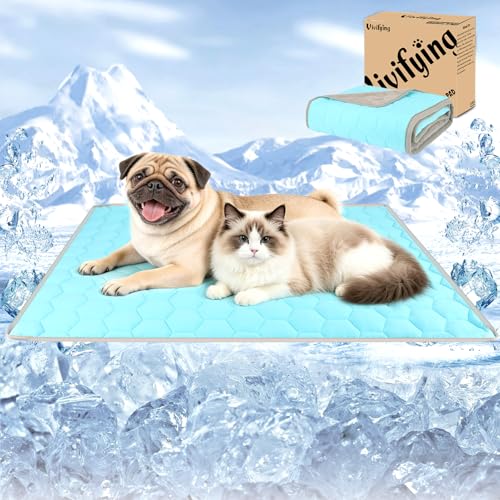 Vivifying Cooling Blanket for Dogs, Q-MAX>0.5 Reversible Ice Silk Dog Cooling Mat with Soft Plush Backing, Summer Pet Blanket Throw for Couch Bed Crate Floor Travel, 30 x 40 Inch (Blue&Grey) - size: M(30"x40")