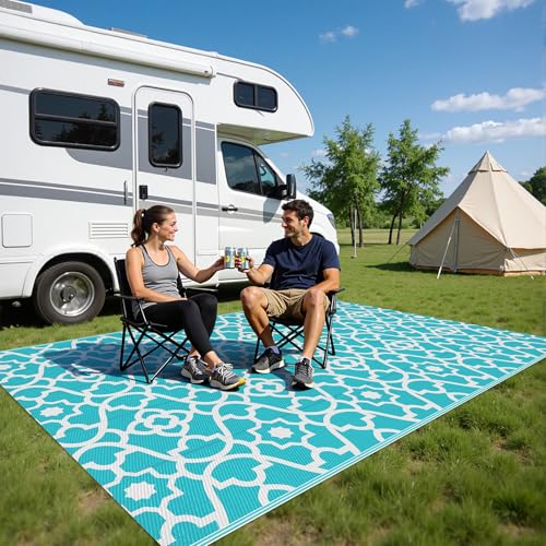 HEBE Outdoor Rug Waterproof 5x8, Plastic Straw Rug Camping Rug, Reversible Outdoor Patio Rugs RV Mat Clearance, Indoor Outside Floor Carpet for Porch,Deck,Camper,Balcony,Backyard - color: Teal, size: 5' x 8' (Rectangular)