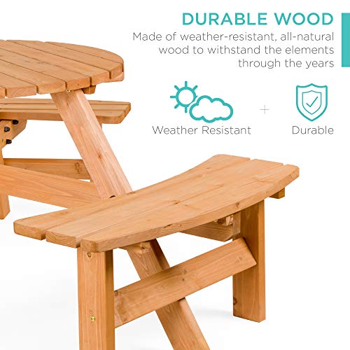 Best Choice Products 6-Person Circular Outdoor Wooden Picnic Table for Patio, Backyard, Garden, DIY w/ 3 Built-in Benches, 500lb Capacity - Natural - color: Natural