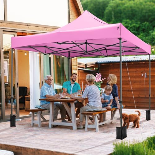 Tangkula 10x10 FT Pop Up Canopy, Instant Setup Outdoor Tent with Heavy-Duty Carbon Steel Frame, Wheeled Bag, 4 Sandbags, 8 Stake, 4 Ropes, Portable Canopy Tent for Parties Events Camping (Pink) - color: Pink