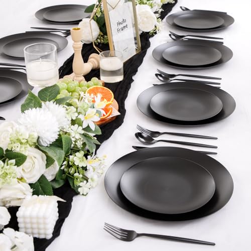 EI 150pcs Black Plastic Plates Frosted Plastic Plate,Premium Heavy Duty Black Plastic Plates,Black Disposable Plates with Plastic Silverware,10.25" Dinner Plates and 7.5" Dessert Plate Wedding Party - color: Black Frosted Plastic Plates