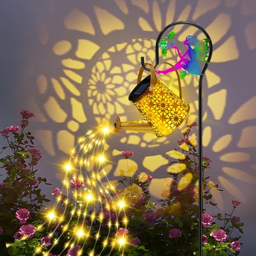 Solar Lights Garden Decorative, Solar Watering Can with Cascading Lights, Waterproof Metal Lantern with Fairy Shepherd Hook, Outdoor Decor for Yard, Patio, Lawn, and Pathway, Gardening Gifts for Mom - color: Flower Fairy, size: 1 Pack
